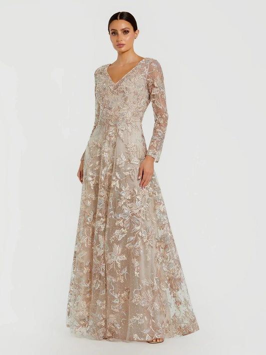 Champagne V-neck long-sleeve formal dress with floral embroidered lace overlay