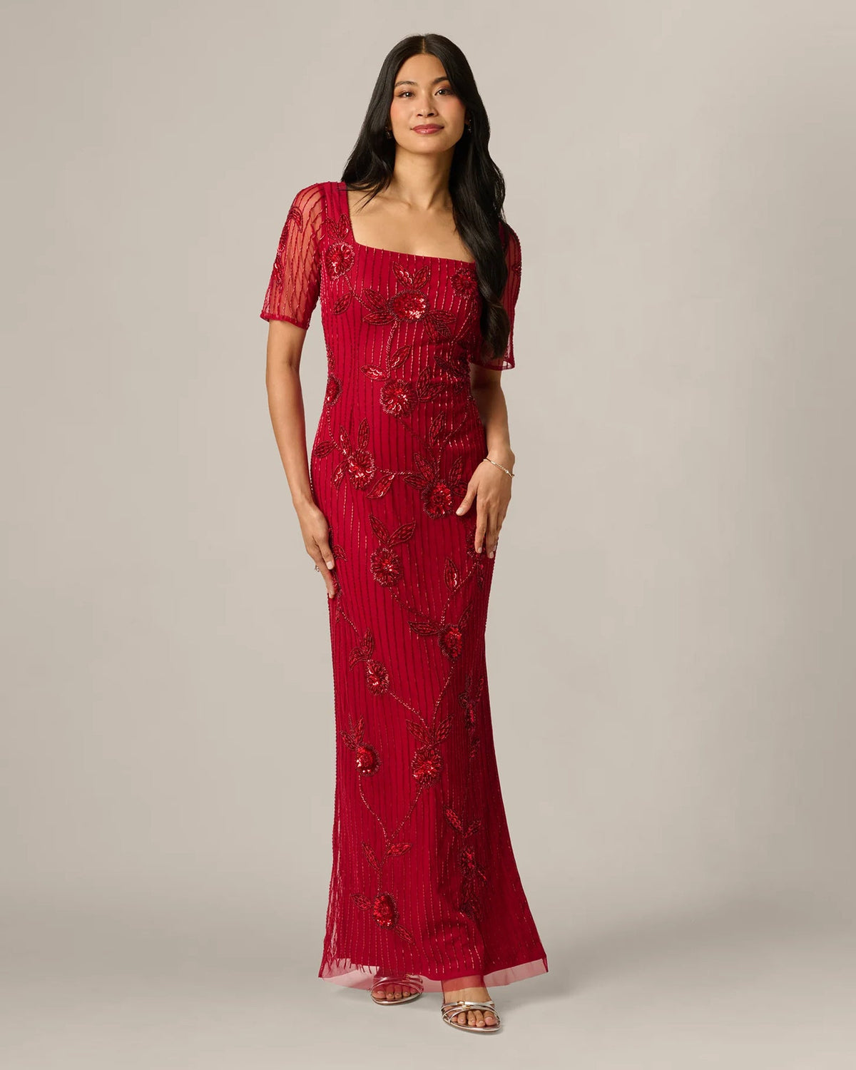 Cranberry floral sheath maxi dress with spaghetti straps and short sleeves