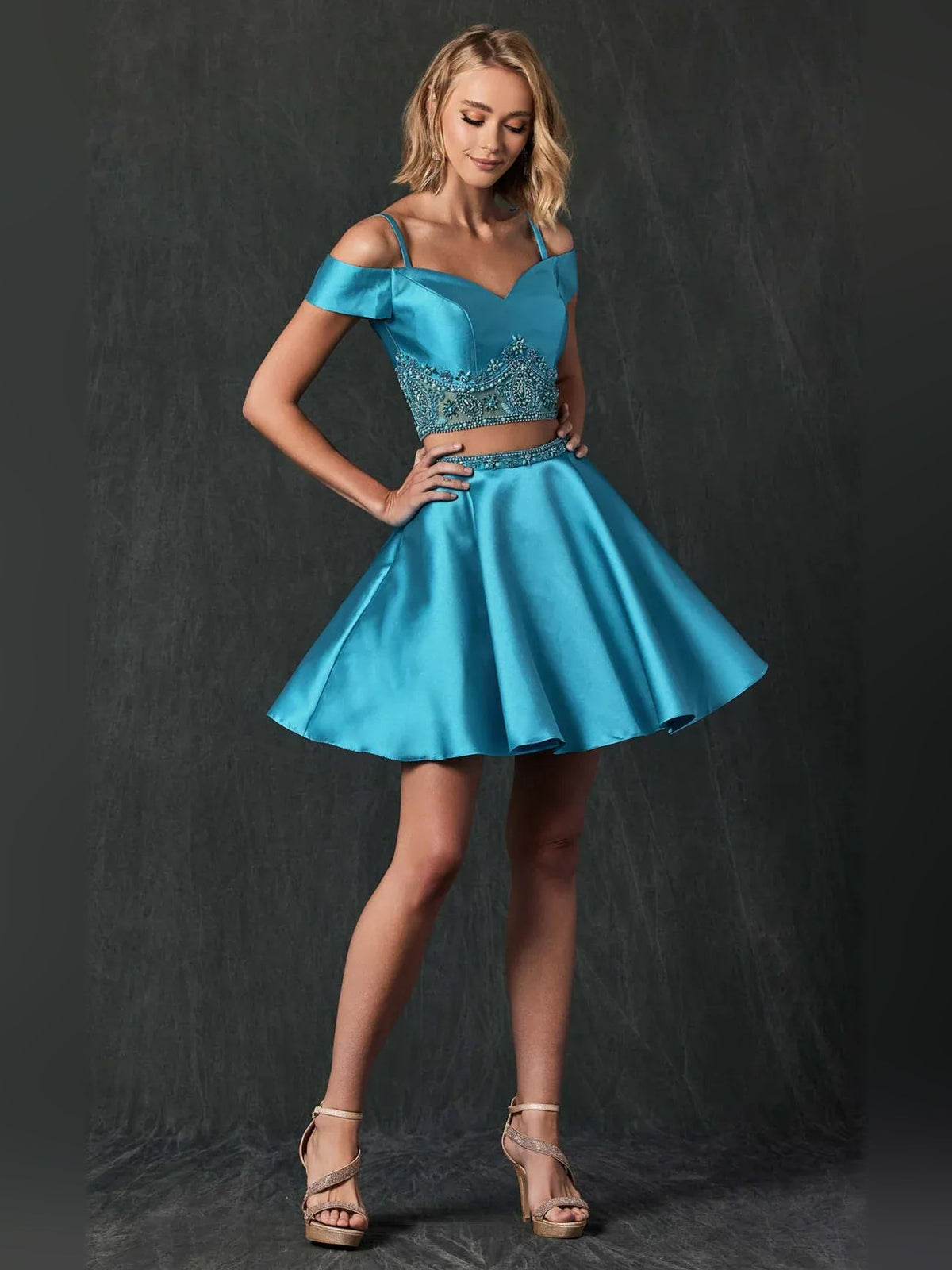 Jade off-shoulder satin short dress with sweetheart neckline, beaded bodice, flared skirt