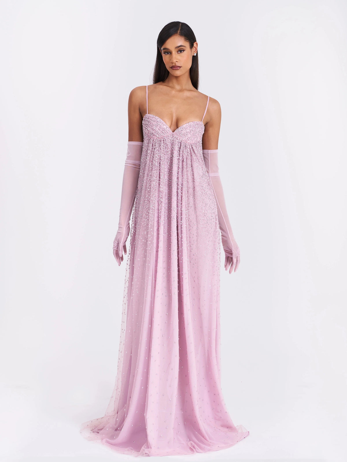 Dusty rose sweetheart A-line tulle prom dress with beaded sparkle and off-shoulder gloves