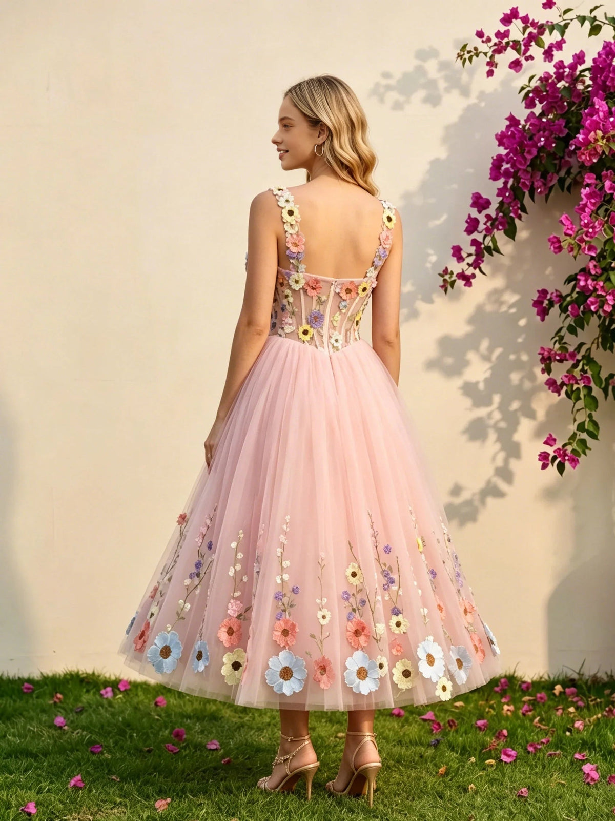 Blush pink floral-applique tulle A-line wedding dress with corset back