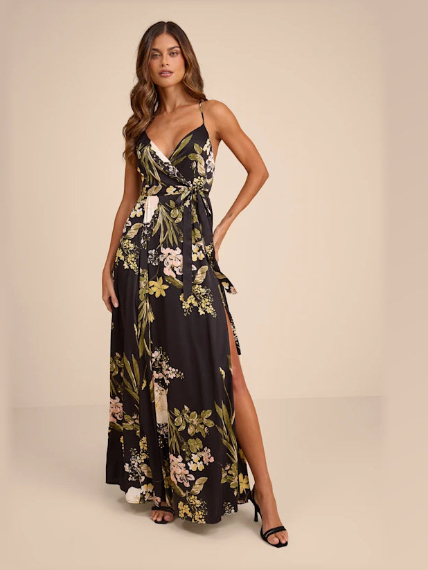 Black Floral maxi formal dress, front full-length view showing the neckline