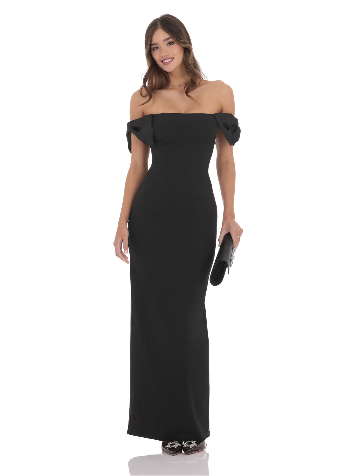 Black bridesmaid dress with a-line silhouette and maxi length
