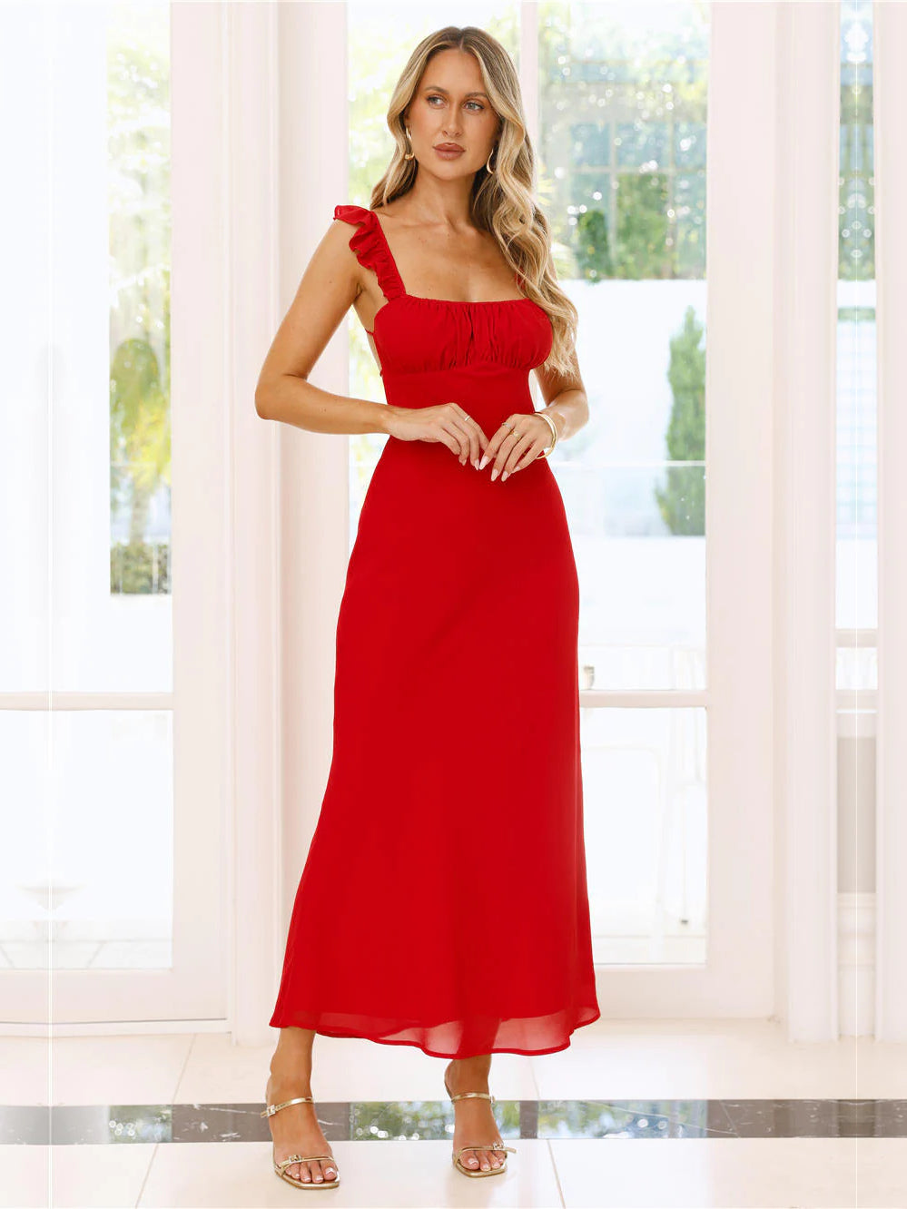 Red a-line maxi formal dress with one-shoulder neckline, full-length front view