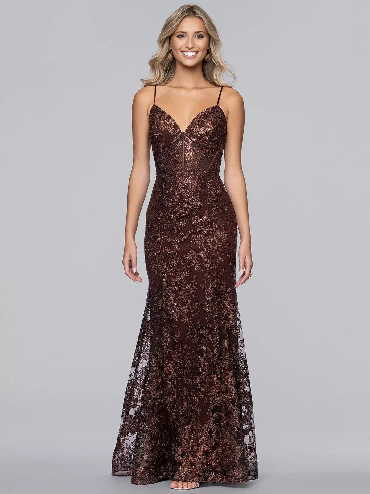 Chocolate sequin evening dress with floral print, V-neck and spaghetti straps