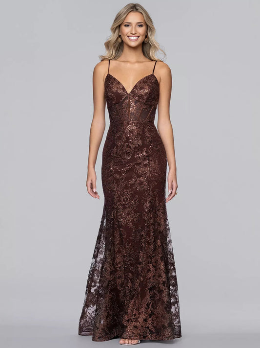 Chocolate sequin evening dress with floral print, V-neck and spaghetti straps