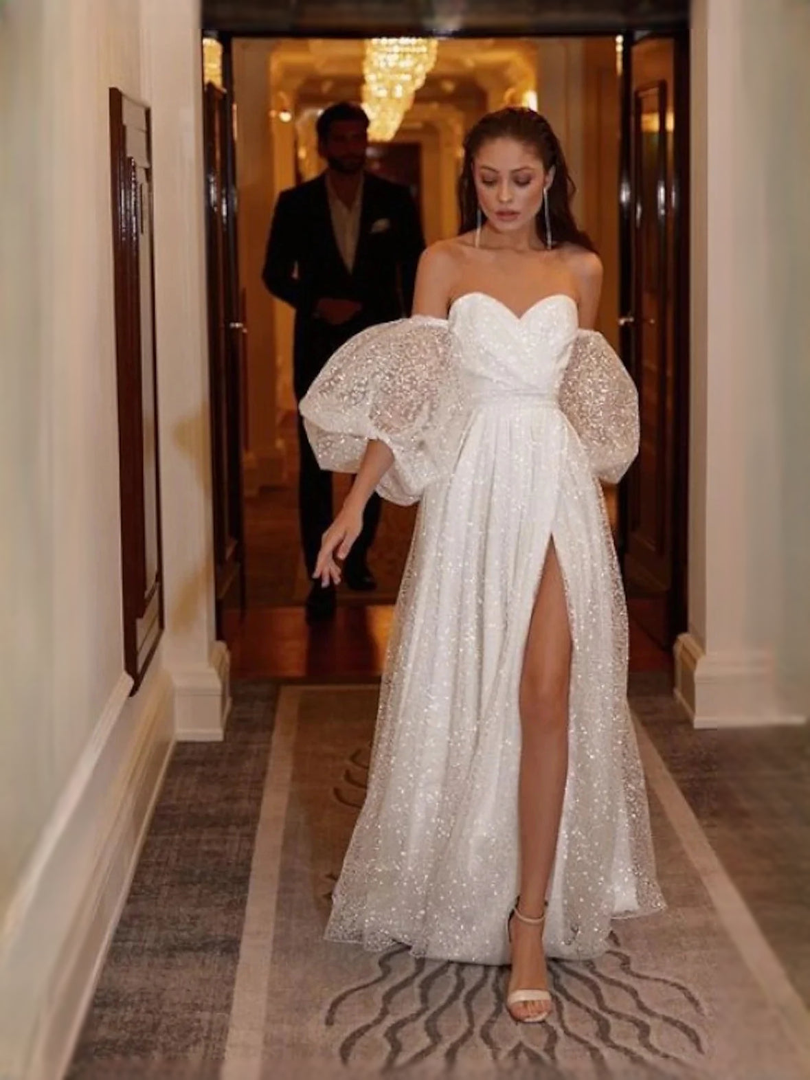 Ivory sweetheart A-line satin wedding dress with draped off-shoulder sleeves and thigh slit