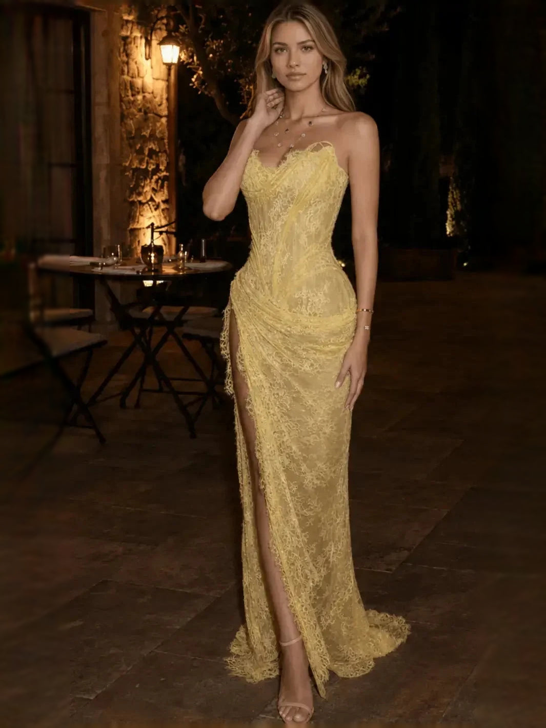 Yellow sweetheart ruched chiffon prom dress with draped bodice and side slit