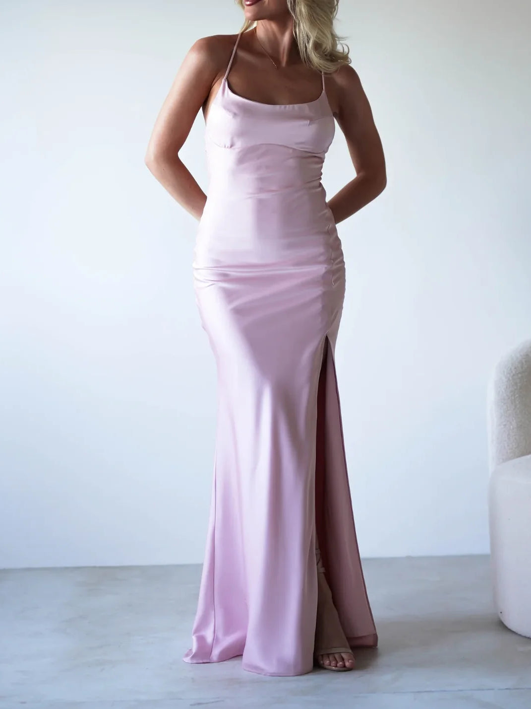 Blush pink mermaid maxi dress, square neckline, spaghetti straps, side slit