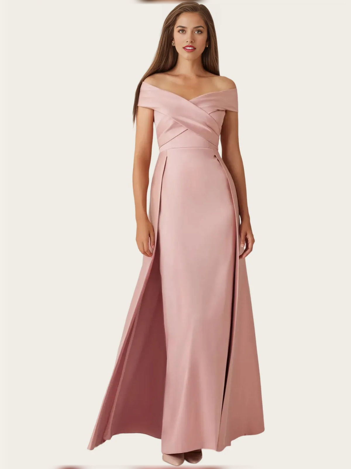 Dusty rose satin A-line maxi gown with off-shoulder draped neckline