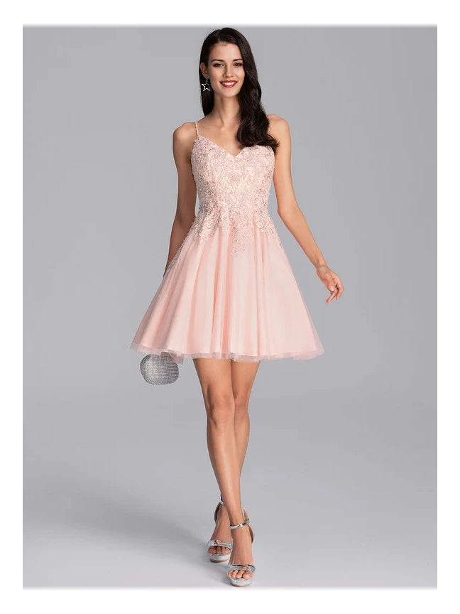 Blush pink corset mini prom dress, beaded floral V-neck bodice, A-line tulle skirt