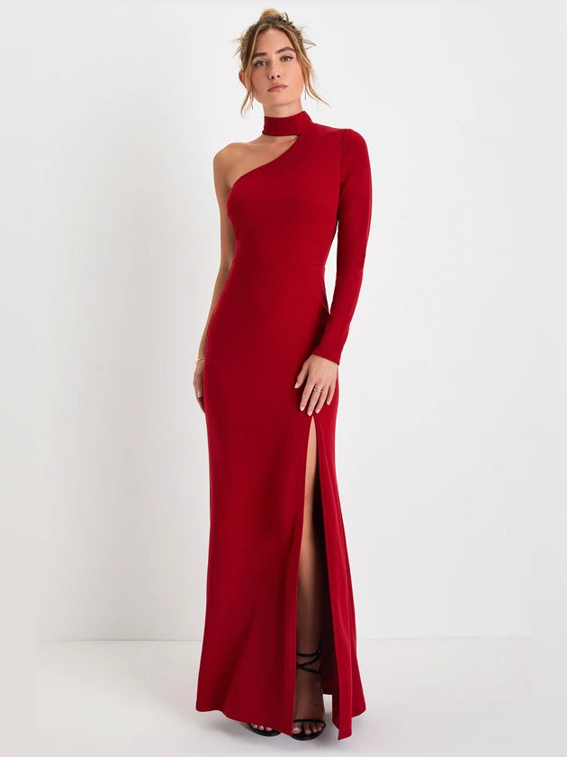 Red sheath maxi formal dress with one-shoulder neckline, full-length front view