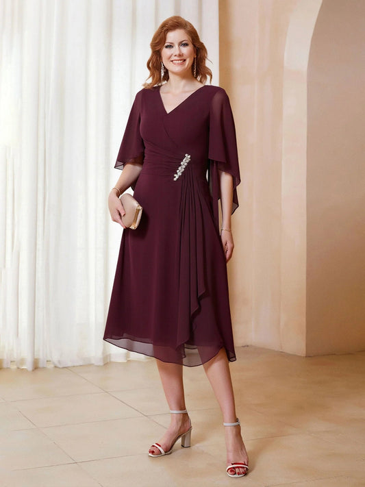 Cabernet beaded V-neck A-line midi chiffon dress with short flutter sleeves
