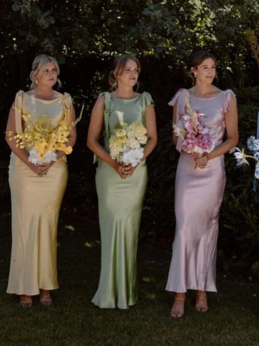 Mint green satin A-line bridesmaid dress, bateau neckline, sleeveless, floor-length