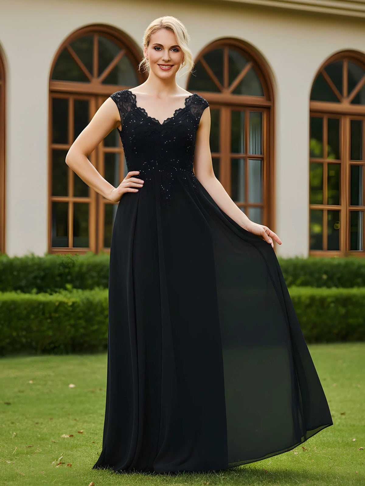 Black V-neck beaded A-line formal dress with lace bodice, sleeveless, floor-length.