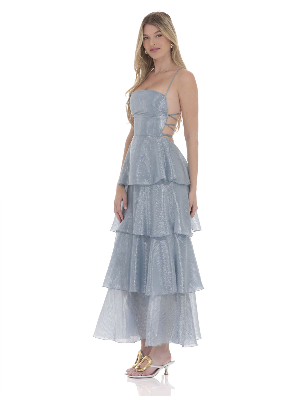 Slate Blue bridesmaid dress with a-line silhouette and maxi length