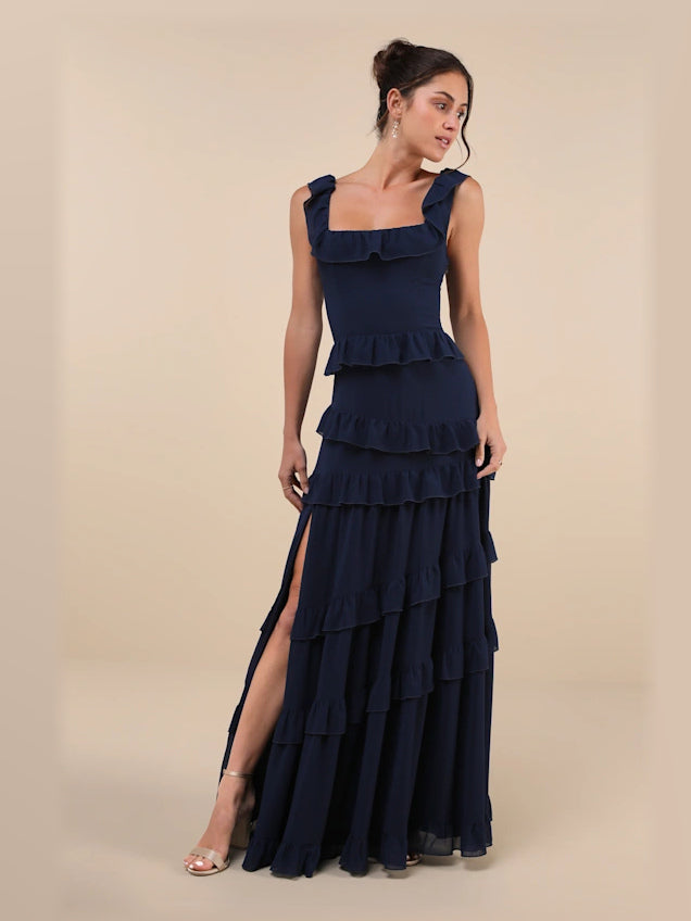 Dark Blue maxi formal dress, front full-length view showing the neckline