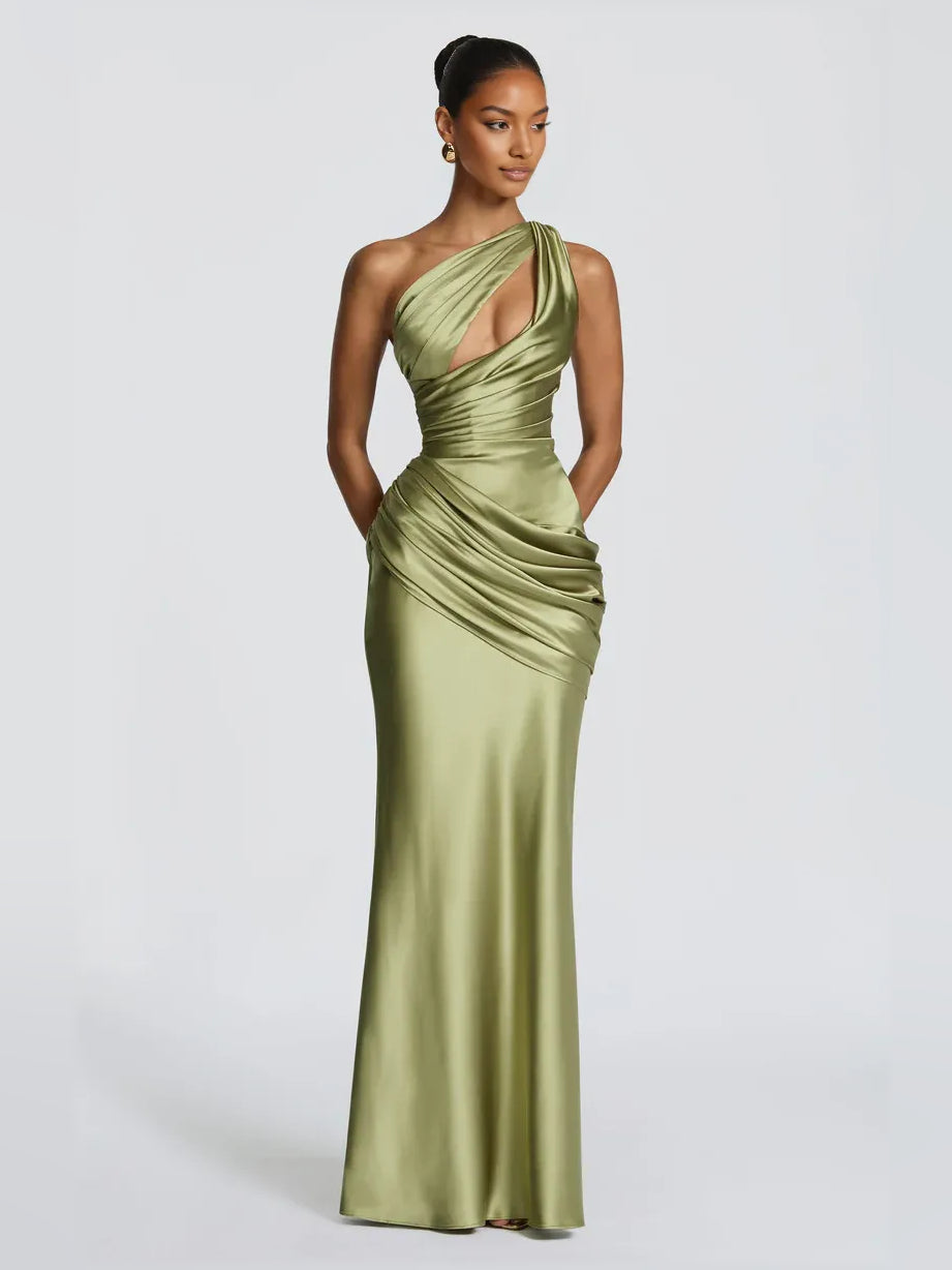 Olive one-shoulder corset dress with draped ruching and floor-length skirt