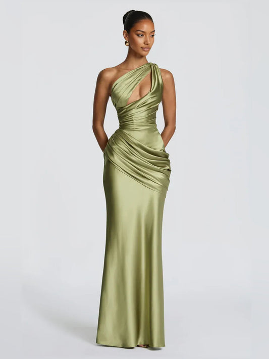 Olive one-shoulder corset dress with draped ruching and floor-length skirt