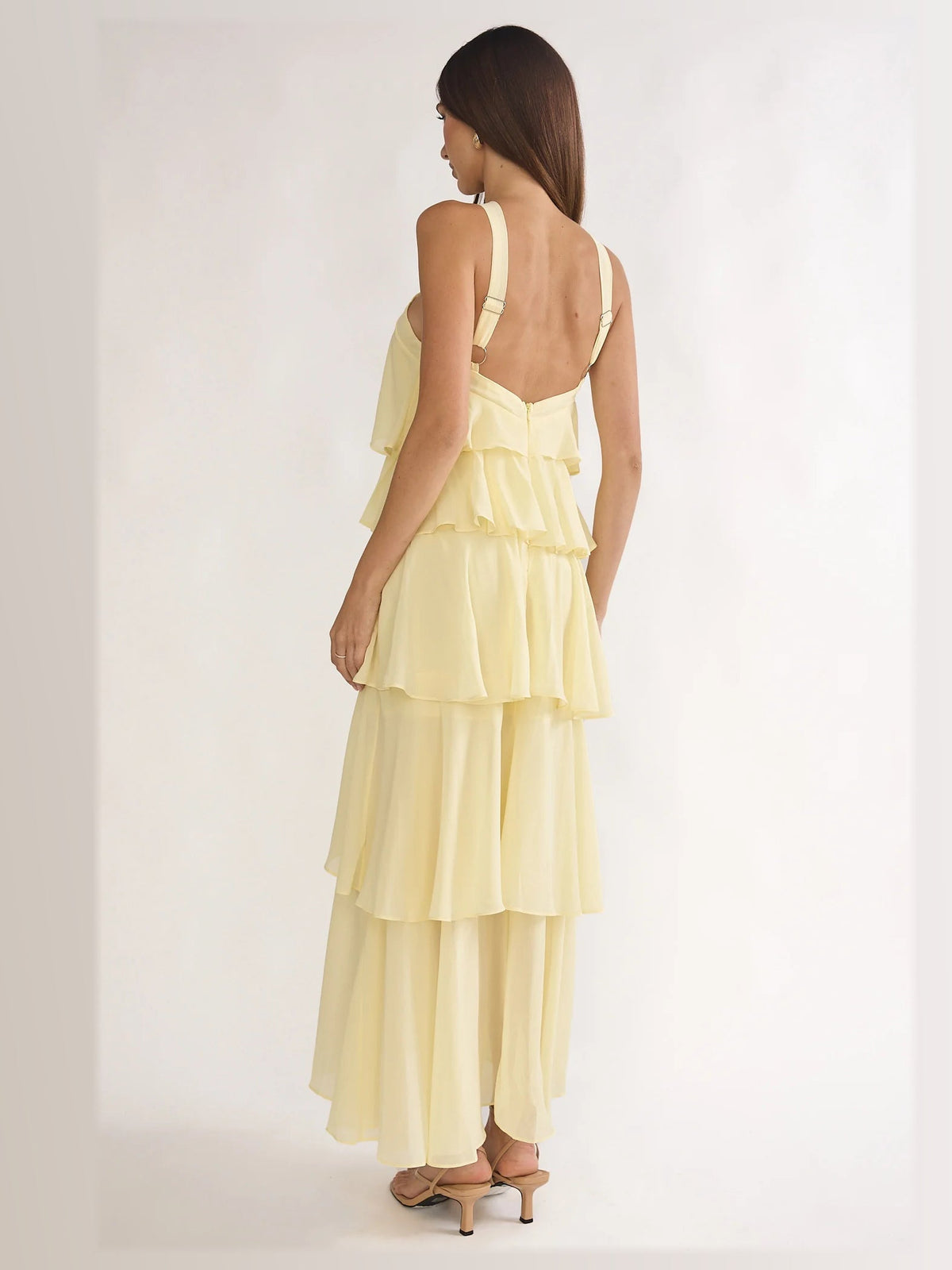 Yellow formal dress with a-line silhouette and maxi length