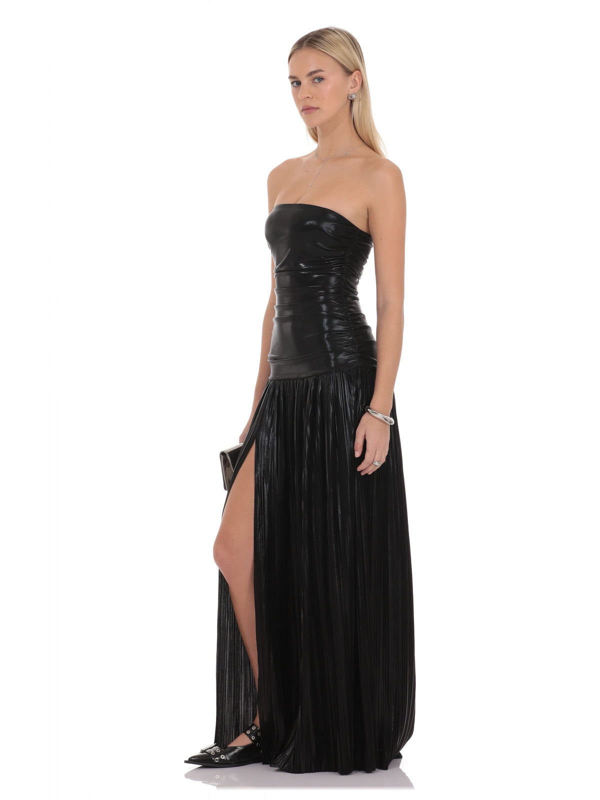 Black bridesmaid dress with a-line silhouette and maxi length