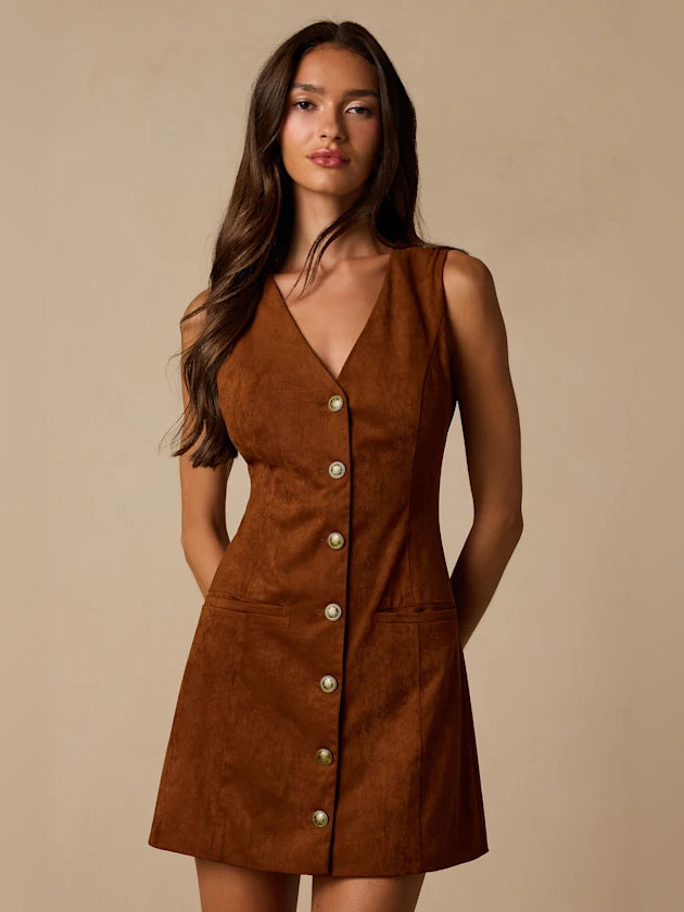 Brown suede V-neck A-line mini dress with button front and patch pockets