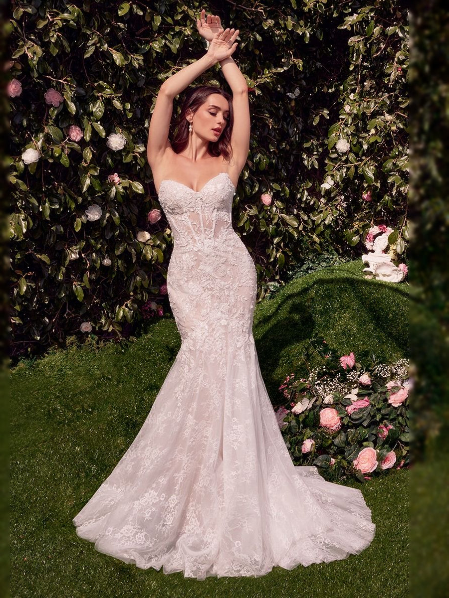 Ivory sweetheart mermaid wedding dress with corset bodice, floral lace, off-shoulder sleeves