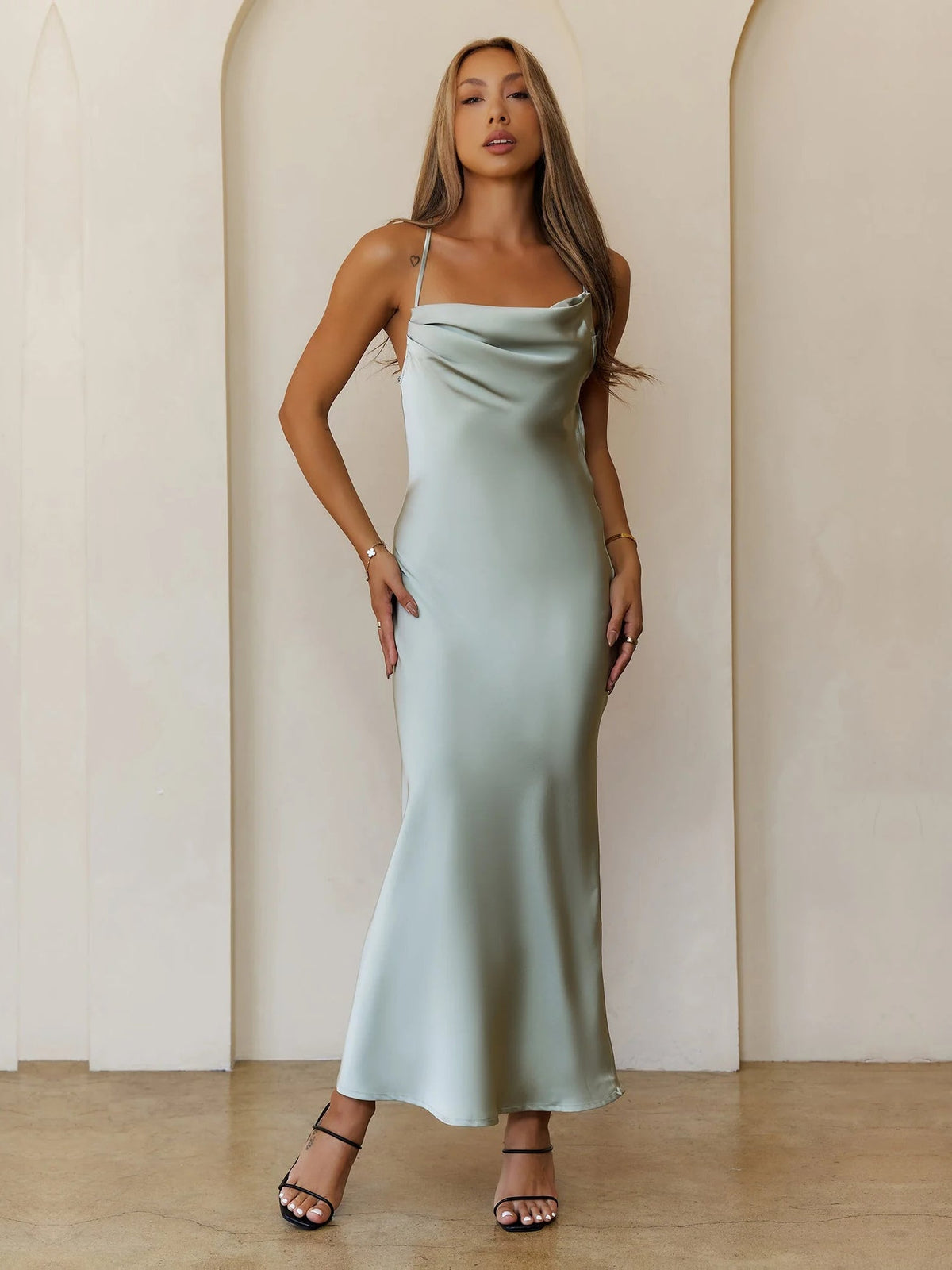 Khaki sheath maxi formal dress with cowl neckline, full-length front view
