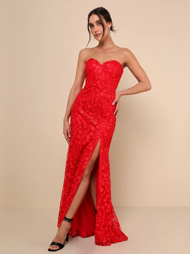 Red Floral mermaid maxi formal dress with sweetheart neckline, full-length front view