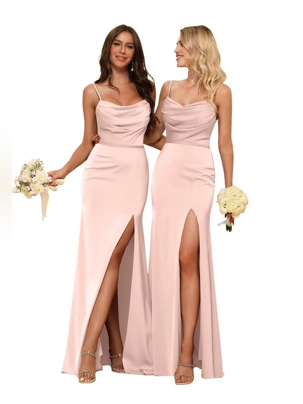 Blush pink cowl neck satin sheath bridesmaid dress with sleeveless drape and thigh slit.