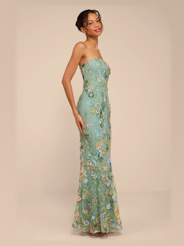 Dark Sage Floral formal dress with mermaid silhouette and maxi length