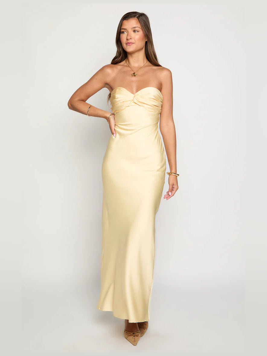 Yellow sheath maxi formal dress with sweetheart neckline, full-length front view