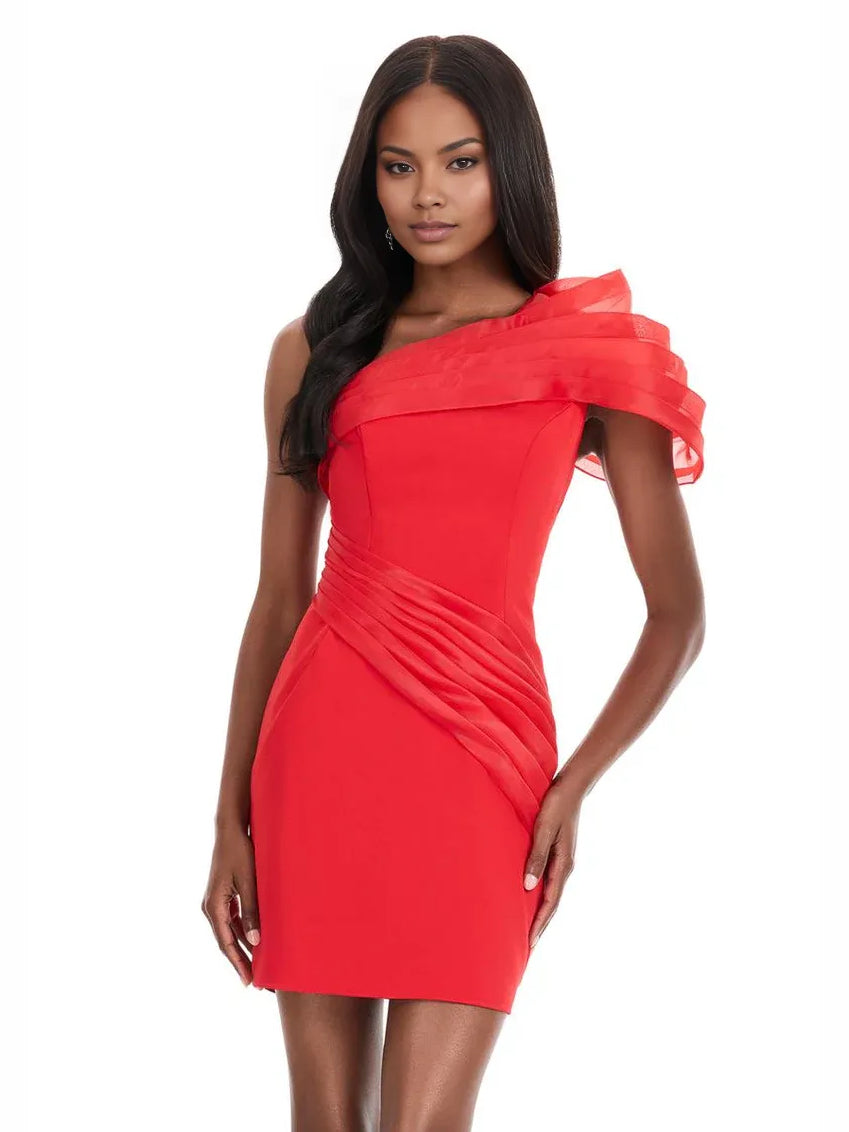 Red one-shoulder mini sheath dress with pleated side ruching and ruffled shoulder