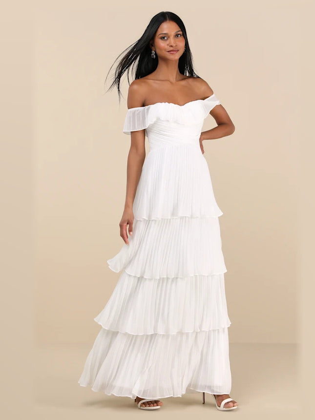 White formal dress with a-line silhouette and maxi length