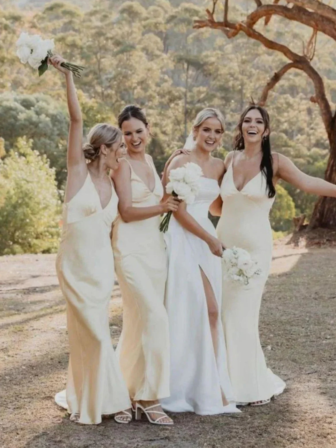 Yellow satin v-neck mermaid bridesmaid dress, floor-length with fitted skirt
