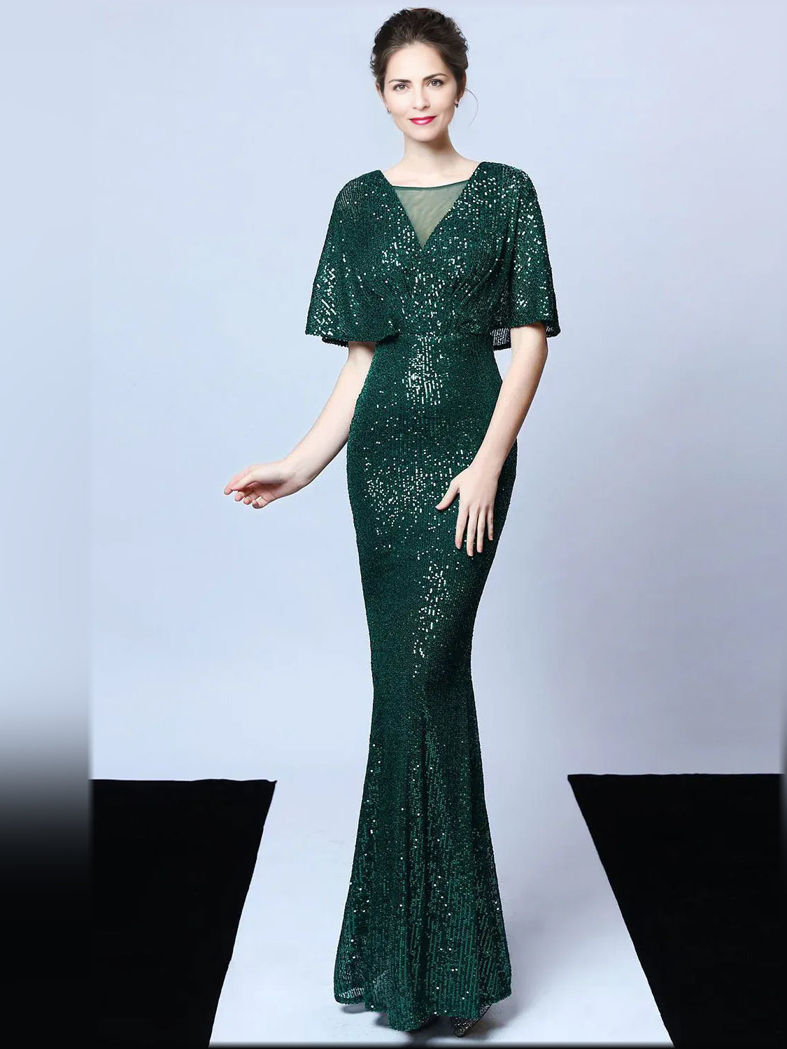 Dark green V-neck sequin mermaid formal dress with short sleeves