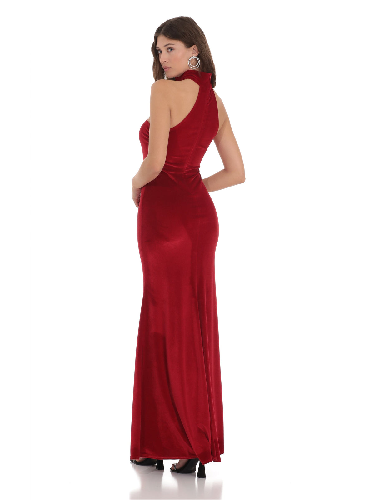 Red bridesmaid dress with a-line silhouette and maxi length