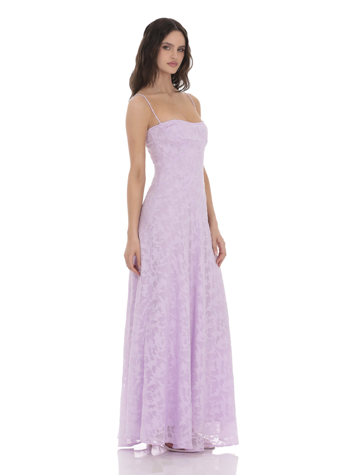Lavender bridesmaid dress with a-line silhouette and maxi length