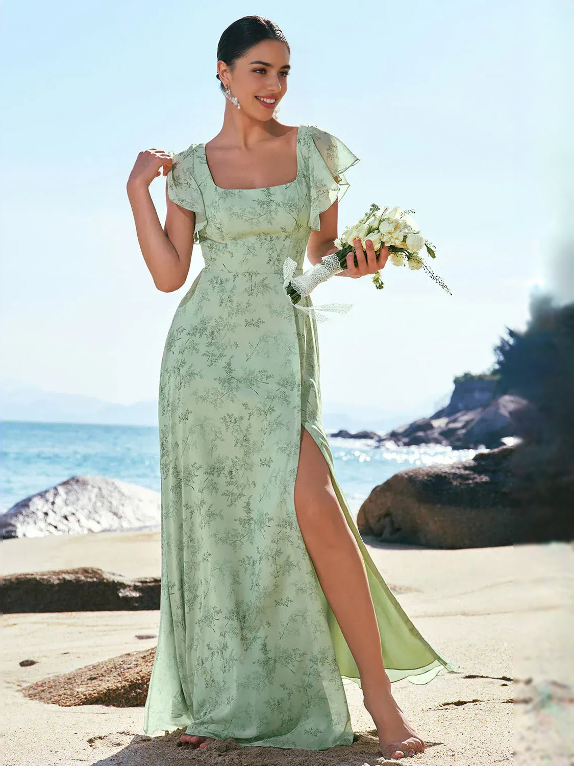 Mint green floral chiffon maxi dress with square neckline, flutter sleeves, front slit