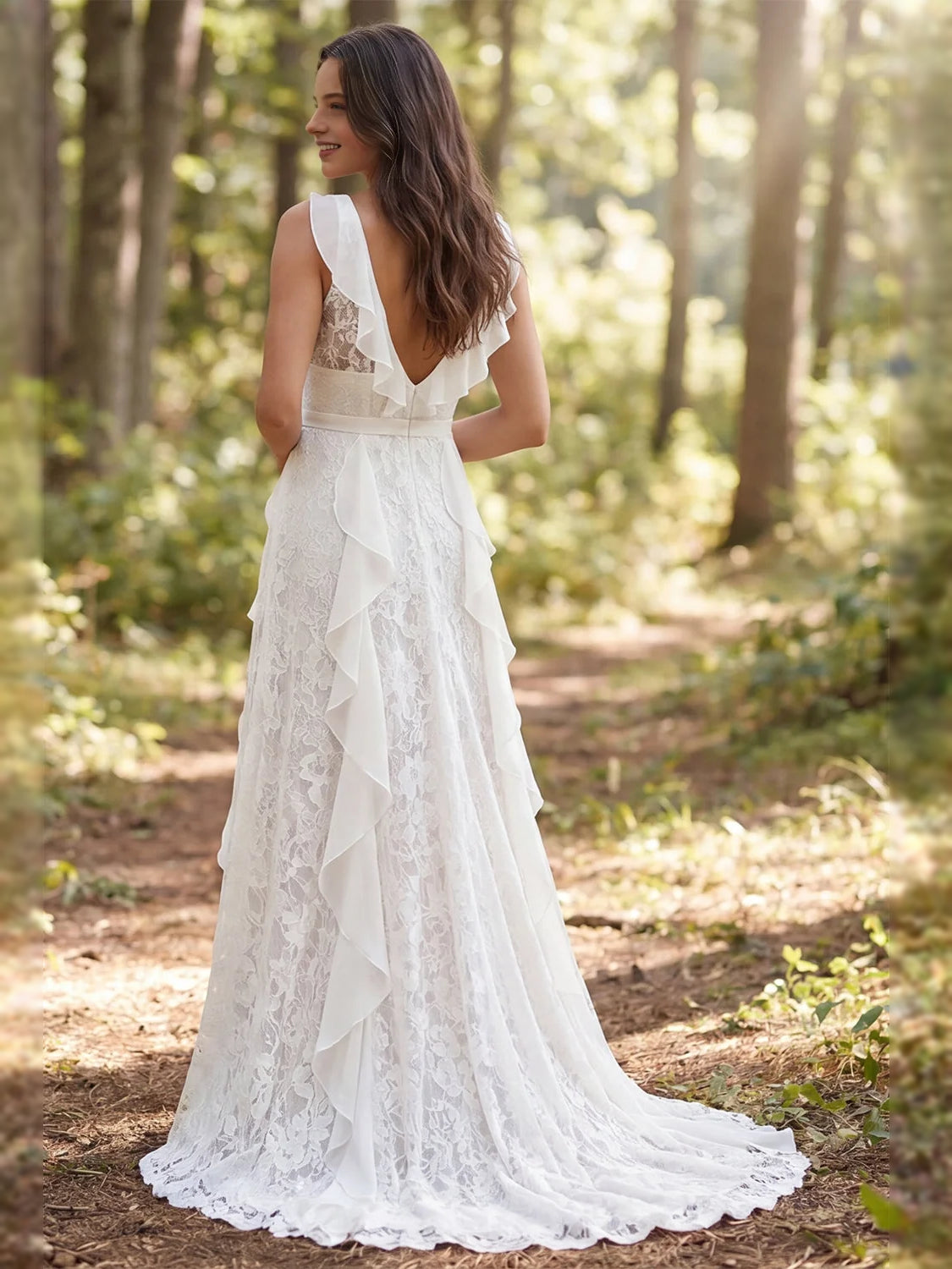 Ivory lace V-neck wedding dress with layered ruffle bodice and A-line floor-length skirt