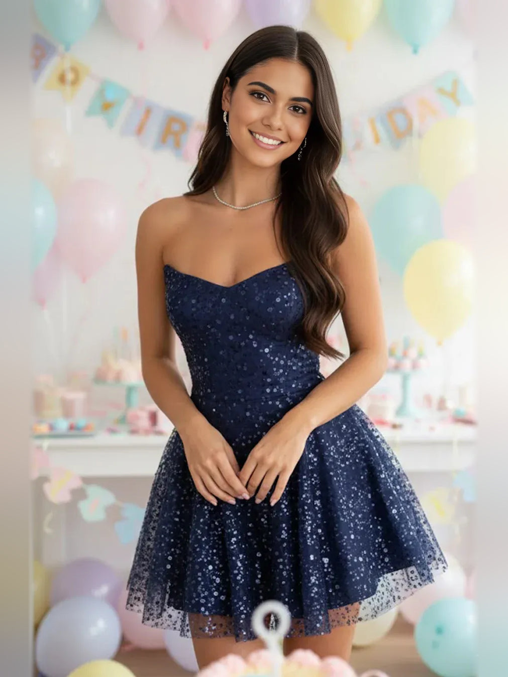 Navy sequin sweetheart A-line mini dress with tulle hem, sleeveless bodice