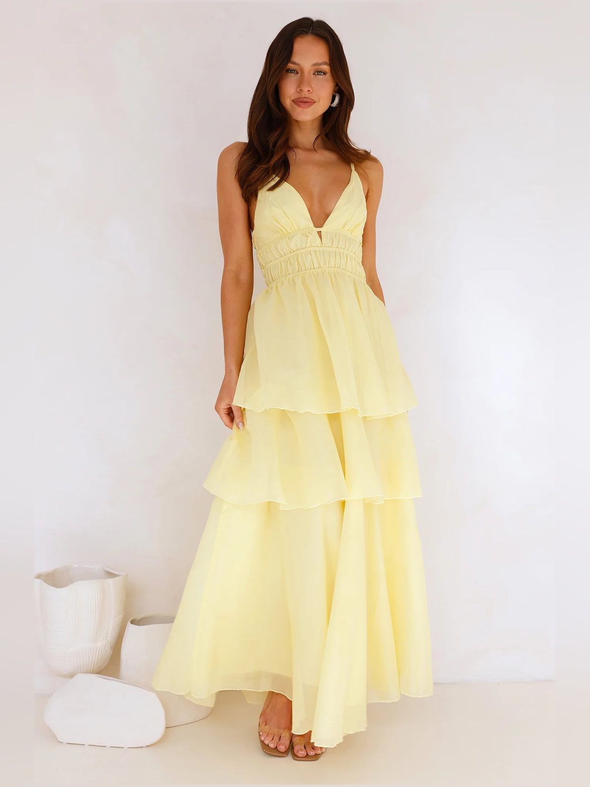 Yellow a-line maxi formal dress with V-neckline, full-length front view