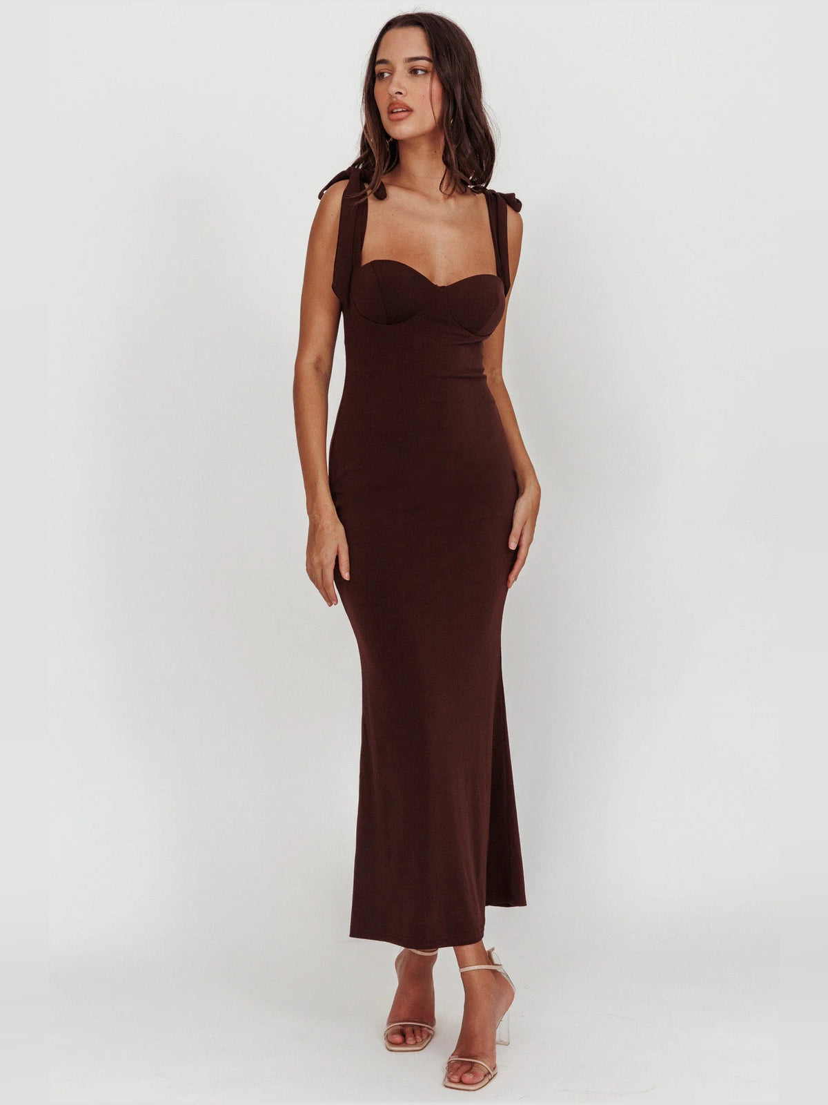 Brown sheath midi formal dress with sweetheart neckline, full-length front view
