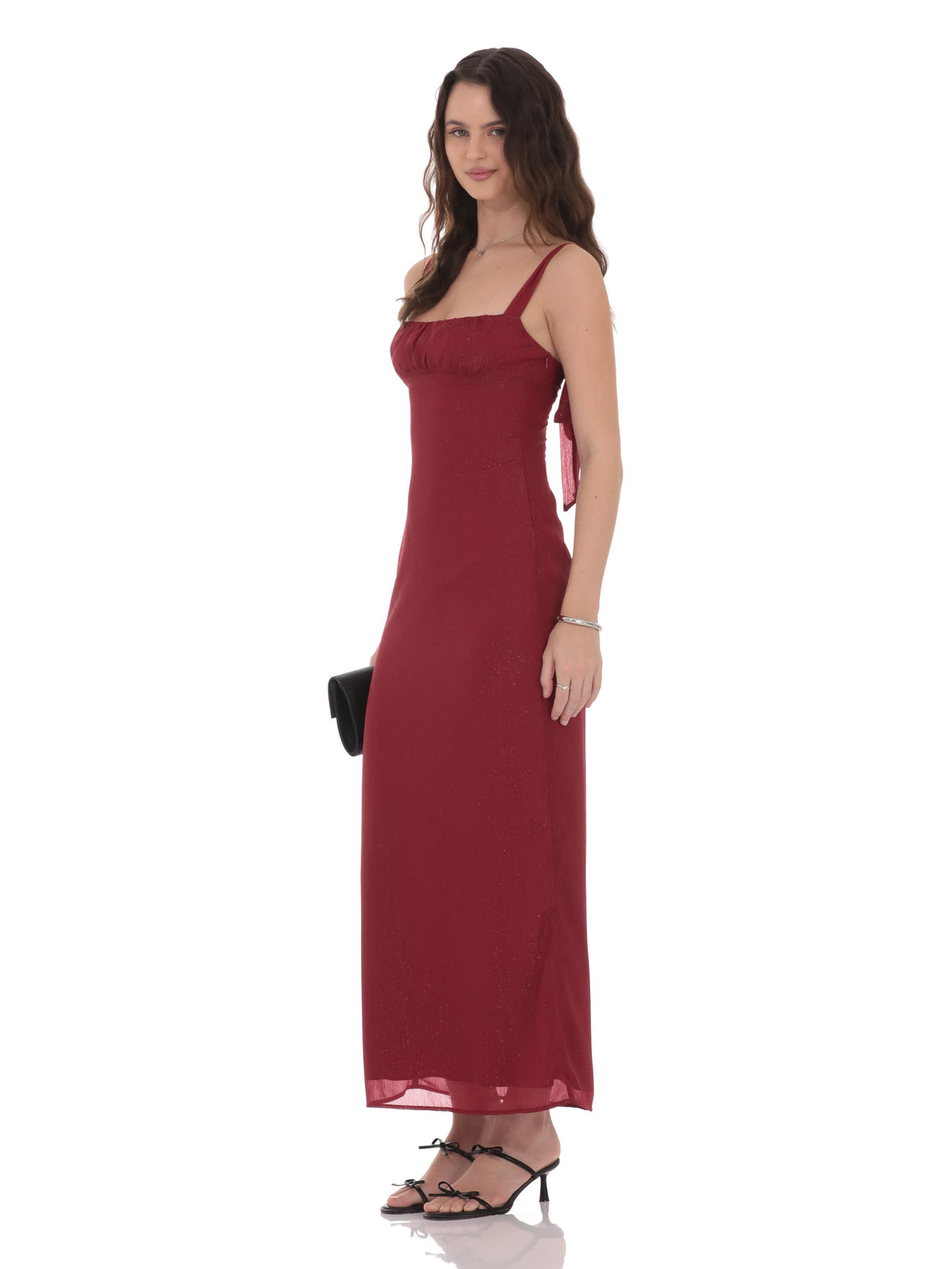Maroon bridesmaid dress with empire-waist silhouette and maxi length