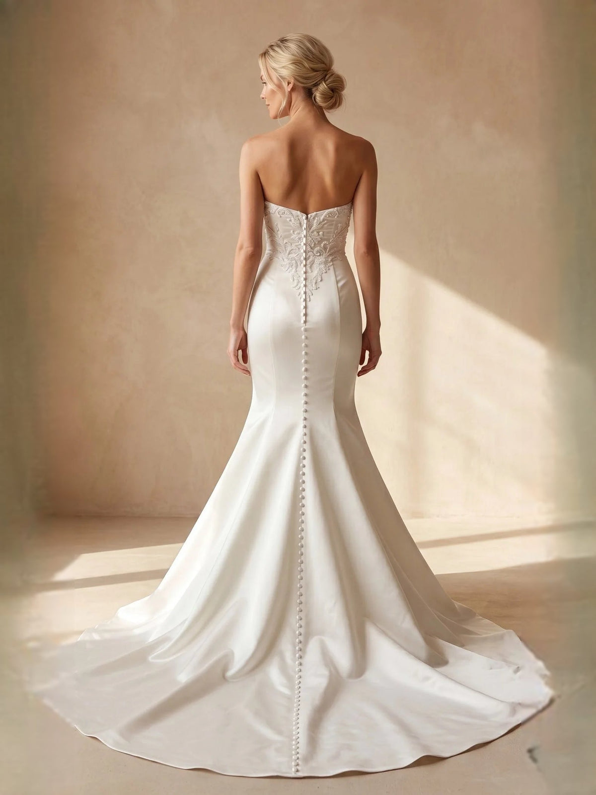 Ivory satin mermaid wedding dress, embroidered back seam, spaghetti straps, floor-length