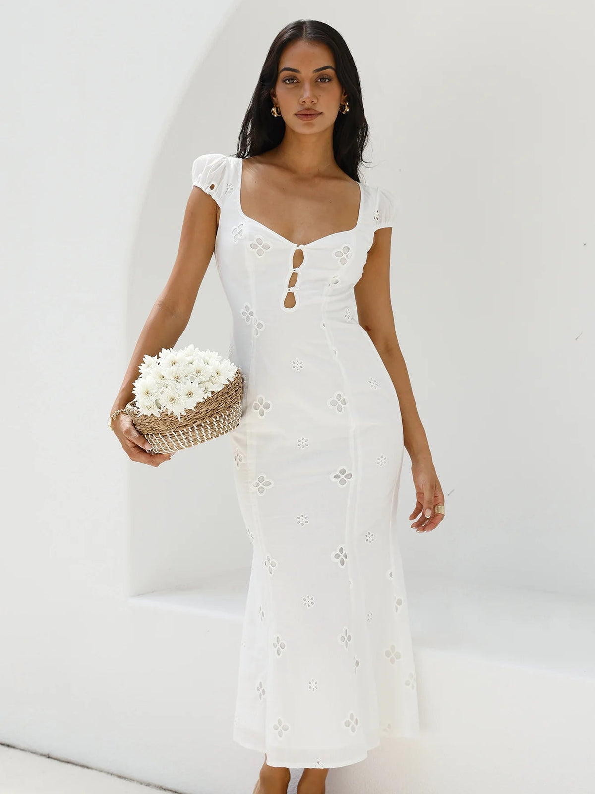 White midi formal dress with square neckline, eyelet embroidery, and front keyhole cutout