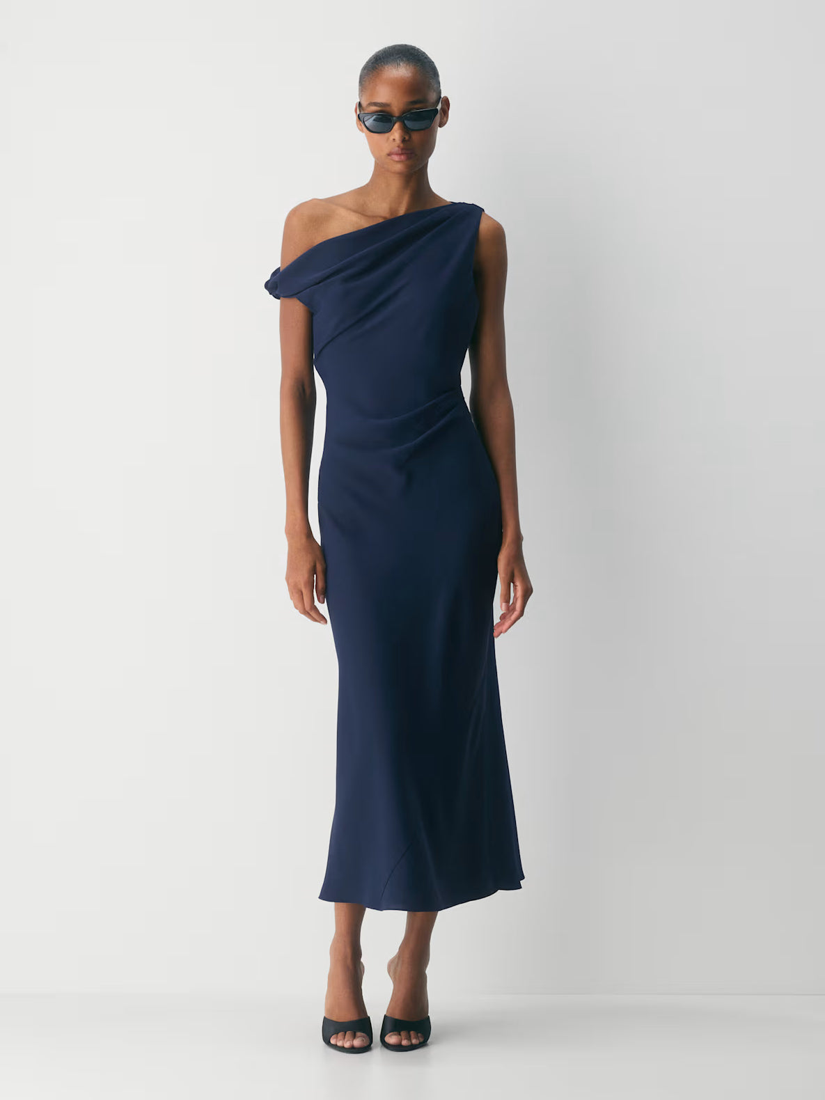 Navy Blue maxi formal dress, front full-length view showing the neckline