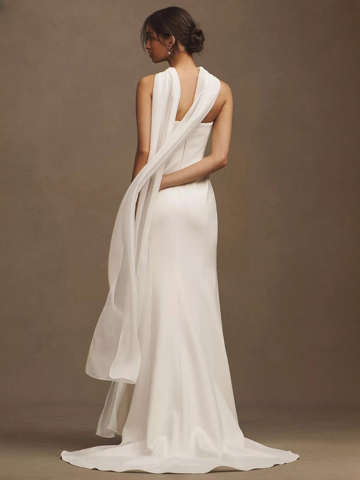 Ivory satin strapless corset mermaid wedding dress with draped chiffon sash