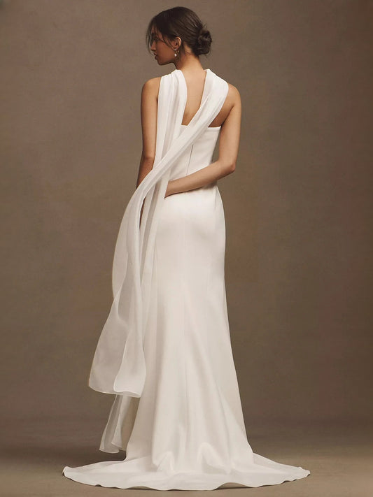Ivory satin strapless corset mermaid wedding dress with draped chiffon sash