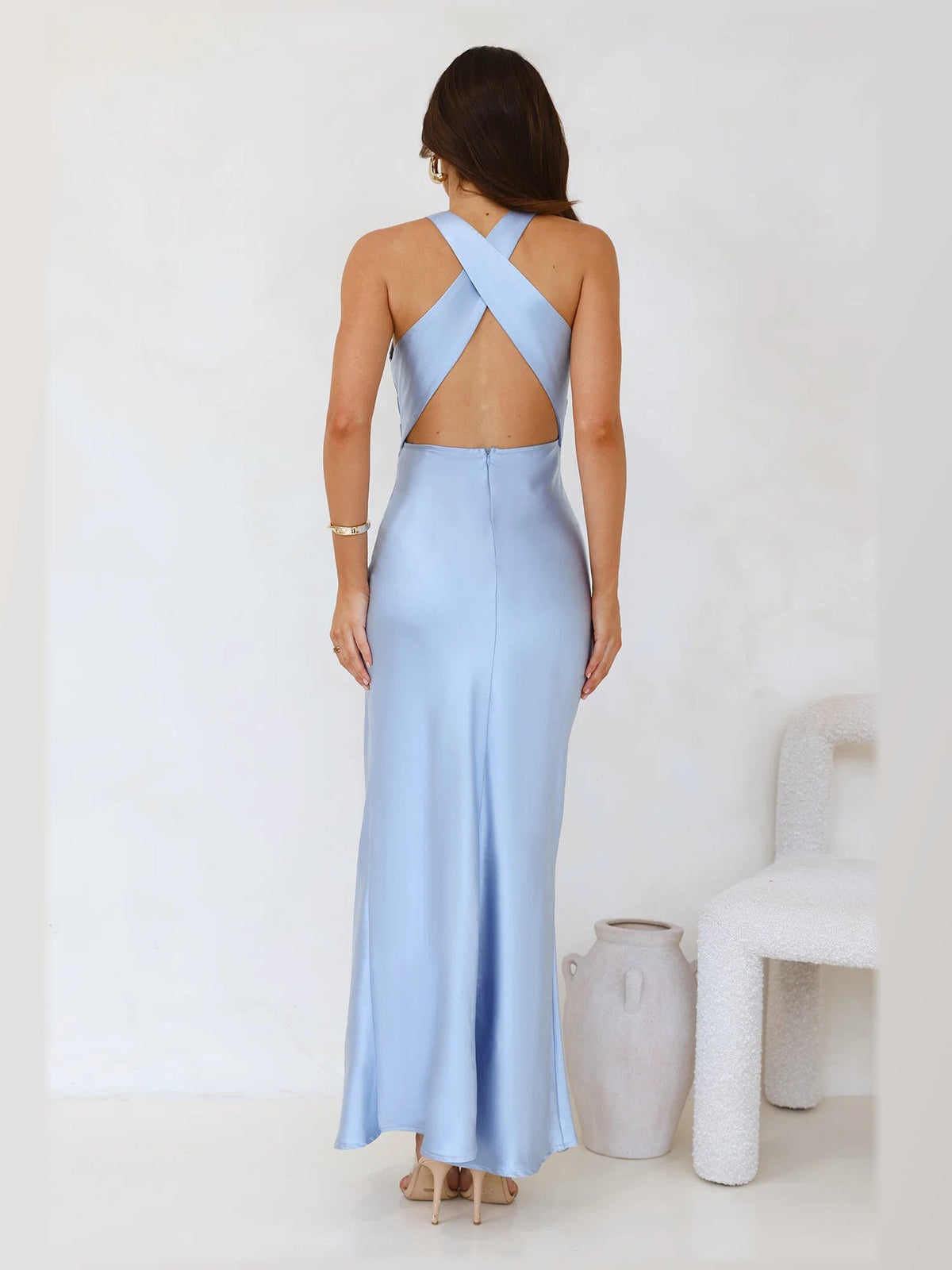Blue formal dress with a-line silhouette and maxi length